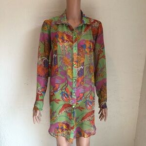 Alberto Makali Retro 90’s Vibe Floral Button-Front Tunic Mini Dress Green/Purple